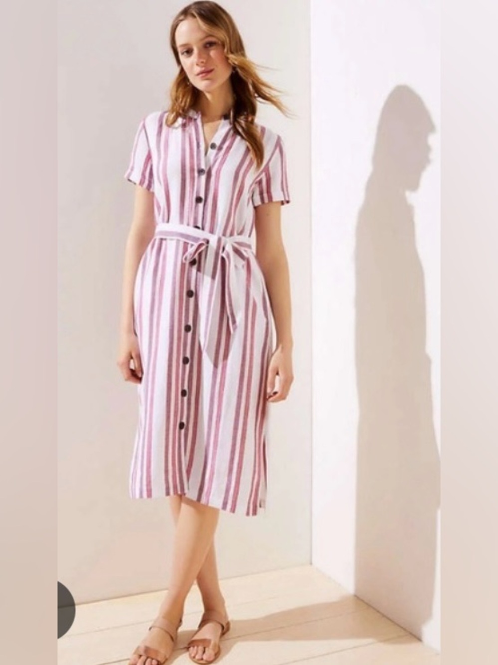 LOFT linen blend Striped Pink Button-Front Shirt Dress